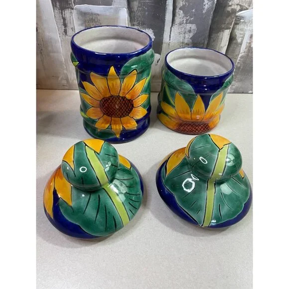 Mexican Blue Talavera Pottery Canister Set of 2 Sunflower w/ Lids - Picture 5 of 16